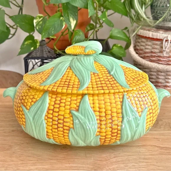 Vintage 1980 Corn Tureen Covered Ceramic Dish Majolica Style Vegetable Server - Picture 2 of 13